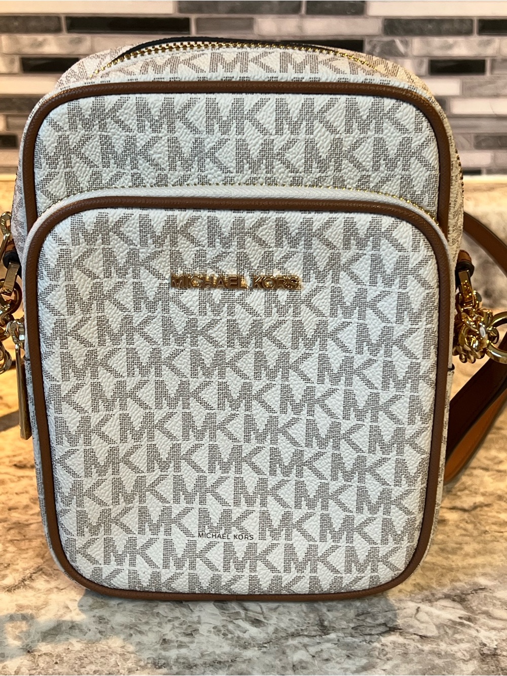 Michael Kors Cream/Tan MK Signature Crossbody Bag